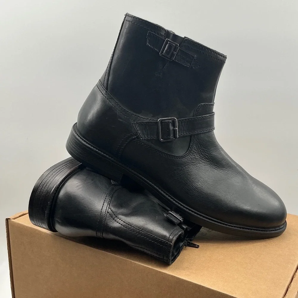 Steve Madden Mens Black Leather Harness Ankle Boots Buckle Zip Biker Style